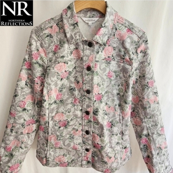 Northern Reflections Grey & Pink Floral Jacquard Button Jacket - Picture 1 of 16